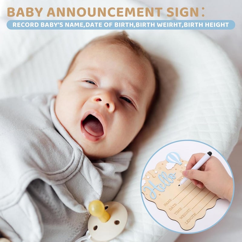 WSICSE Baby Announcement Sign,Wooden Hello World Newborn Signs Birth Announcement Sign and Pen for Baby Shower Hospital Nursery Newborn Boys and Girls (Blue) - Image 4